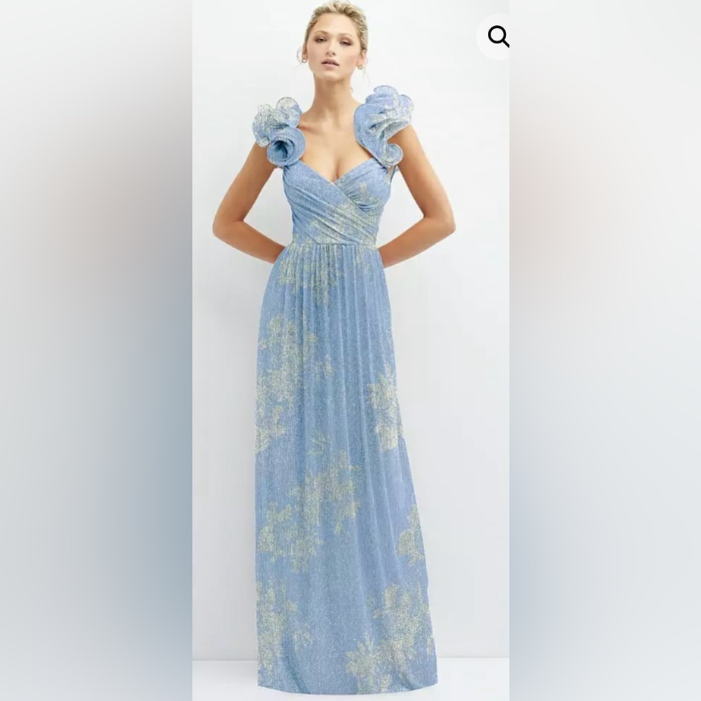 After Six Blue & Gold Metallic Ruffle Strap Maxi Gown | Versatile Formal size Xl
